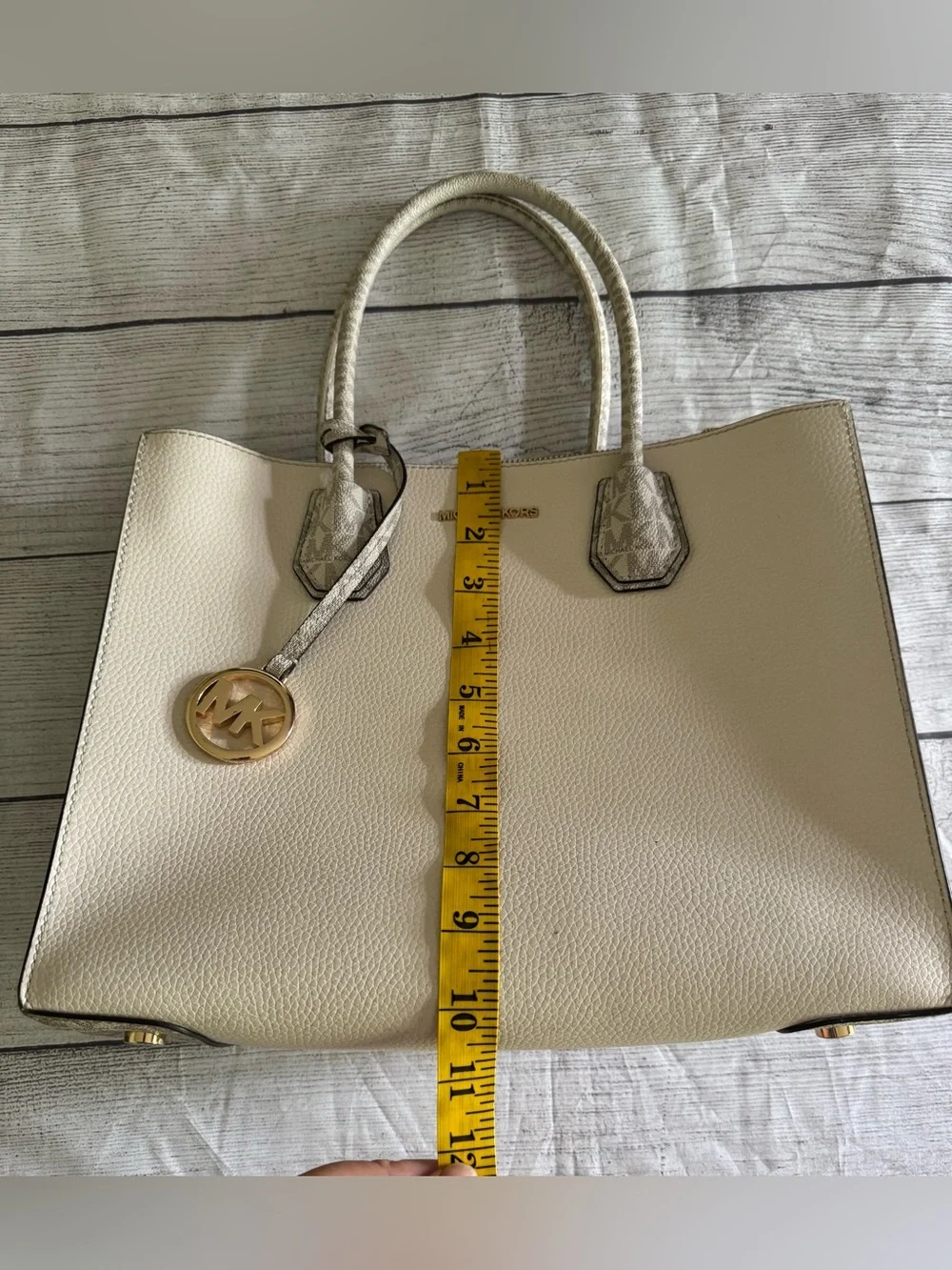 Michael Kors Cream Pebbled Leatherette Tote Satchel MK Signature Trim Zip Top